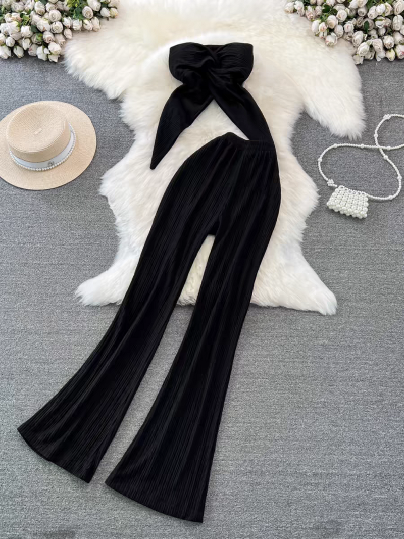 Bandeau Crop Tube Top & Wide Leg Pants Coord Set