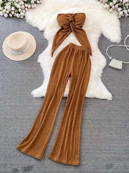 Bandeau Crop Tube Top & Wide Leg Pants Coord Set