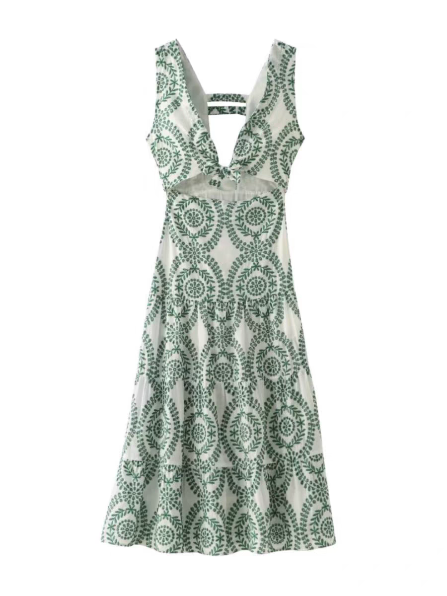 Embroidered Crochet Cutout Knotted Maxi Dress