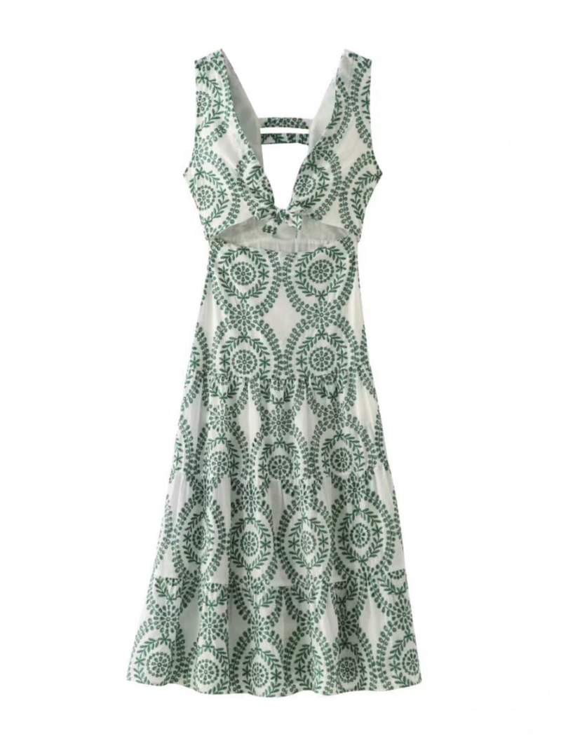 Embroidered Crochet Cutout Knotted Maxi Dress