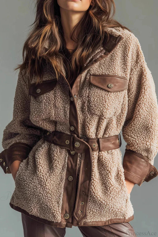 Thick Fleece Pu Panel Pocket Belted Retro Coat