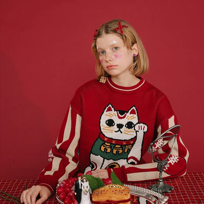 Thick Warm Retro Lucky Cat Red Cotton Jumper Christmas Sweater
