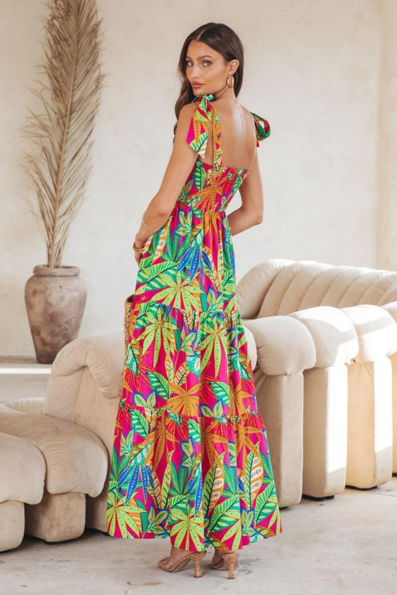 Thirza Printed Bow-tie Shirred Maxi Dress