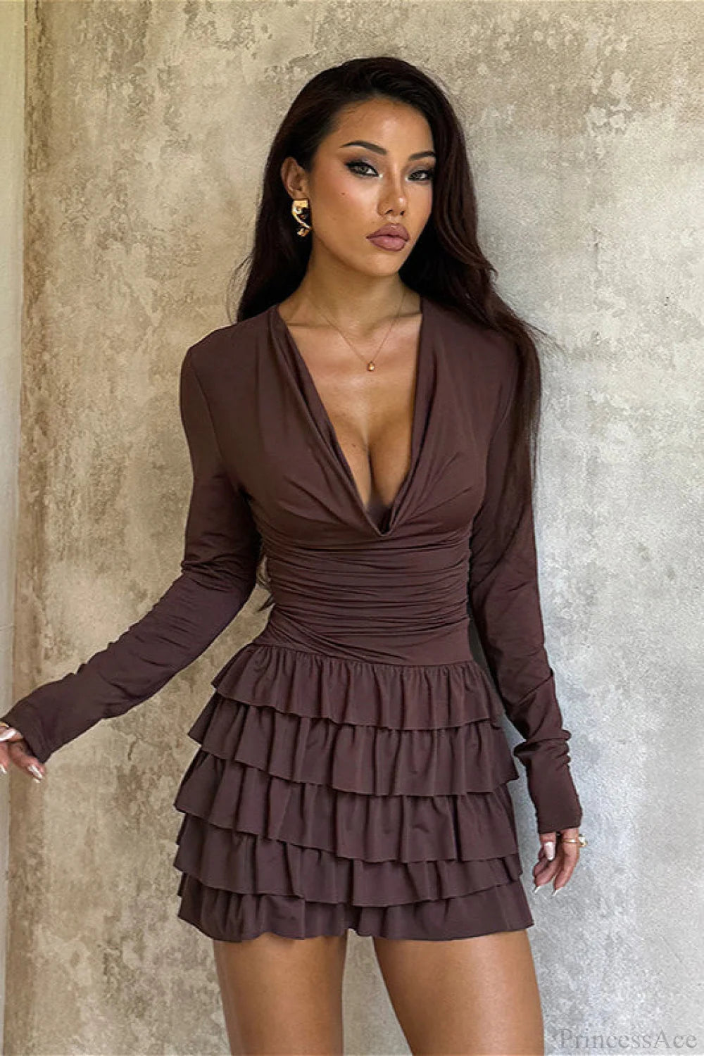 Tiered V-neck Ruched Slim Mini Dress