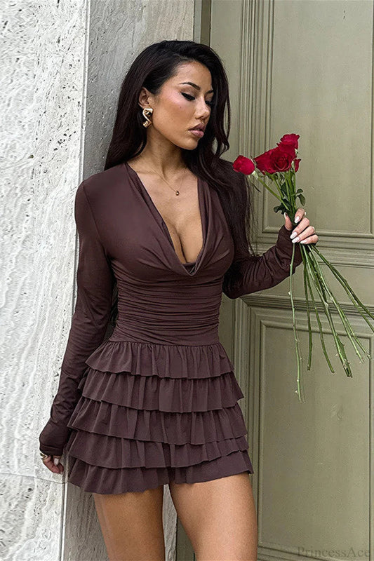 Tiered V-neck Ruched Slim Mini Dress