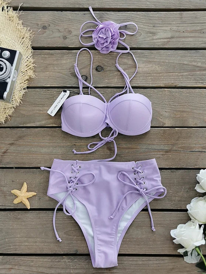 Ruffle 3d Flower Bikini Swimsuit and Skirt