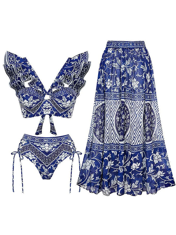 Asymmetrical Ruffle Printed One Piece Swimsuit and Skirt