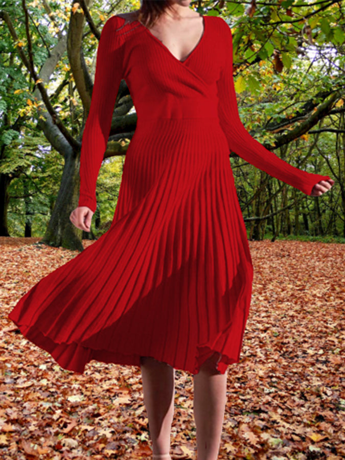 Knitted Long Sleeves V Neck Maxi Dress