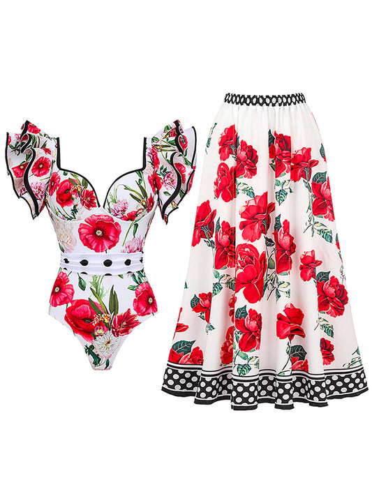 Rose Printed One Piece Swimsuit and Skirt