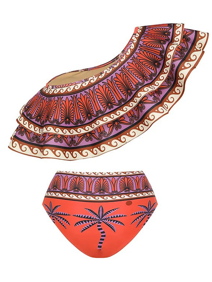 One Shoulder Ruffle Printed Bikini Swimsuit and Skirt