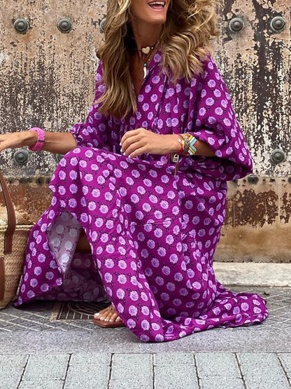 Geometric Print Puff Sleeve Maxi Dress