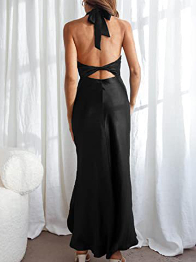 Satin Backless Halter Party Maxi Dress