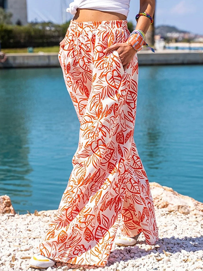 Printed Pockets Elastic Waist Wide-leg Pants