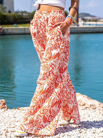 Printed Pockets Elastic Waist Wide-leg Pants