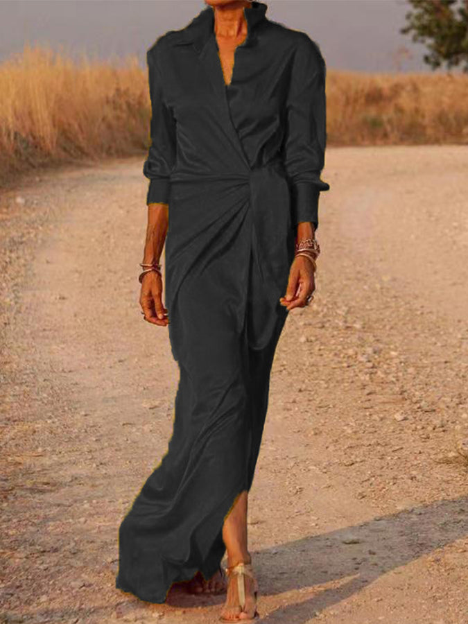 Long Sleeves Lace-up Slit Maxi Dress