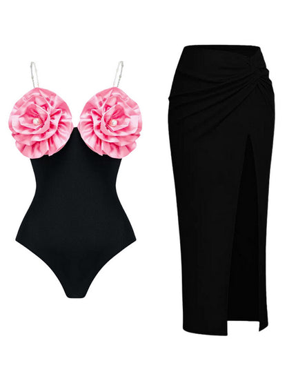 3d Pink Pearl Flower Swimsuit and Skirt