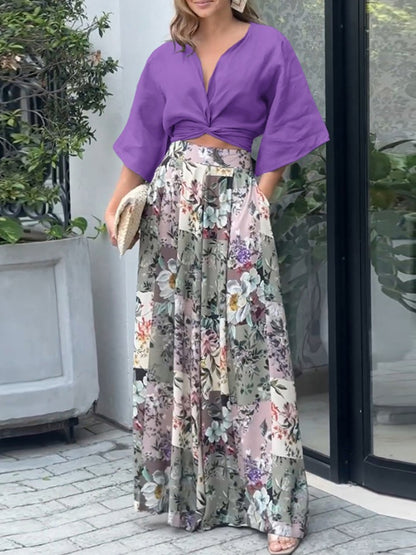 Shirt and Printed Wide-leg Pants Sets