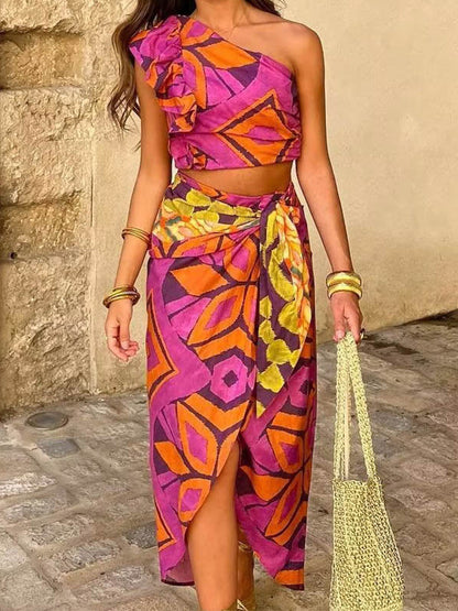 One Shoulder Geometric Printed Tops and Skirts