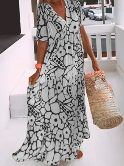 Short Sleeves V Neck Printed Maxi Dress