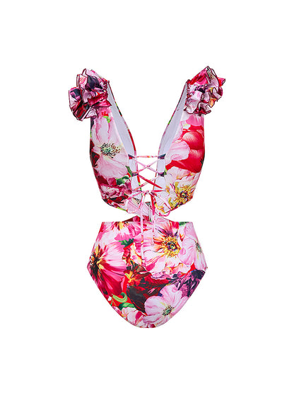 Ruffle Cut Out Flower Printed One Piece Swimsuit and Skirt