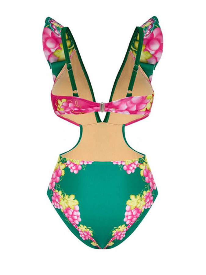 Ruffled Deep V Cutout Retro Green Grapes Print One Piece Swimsuit and Skirt