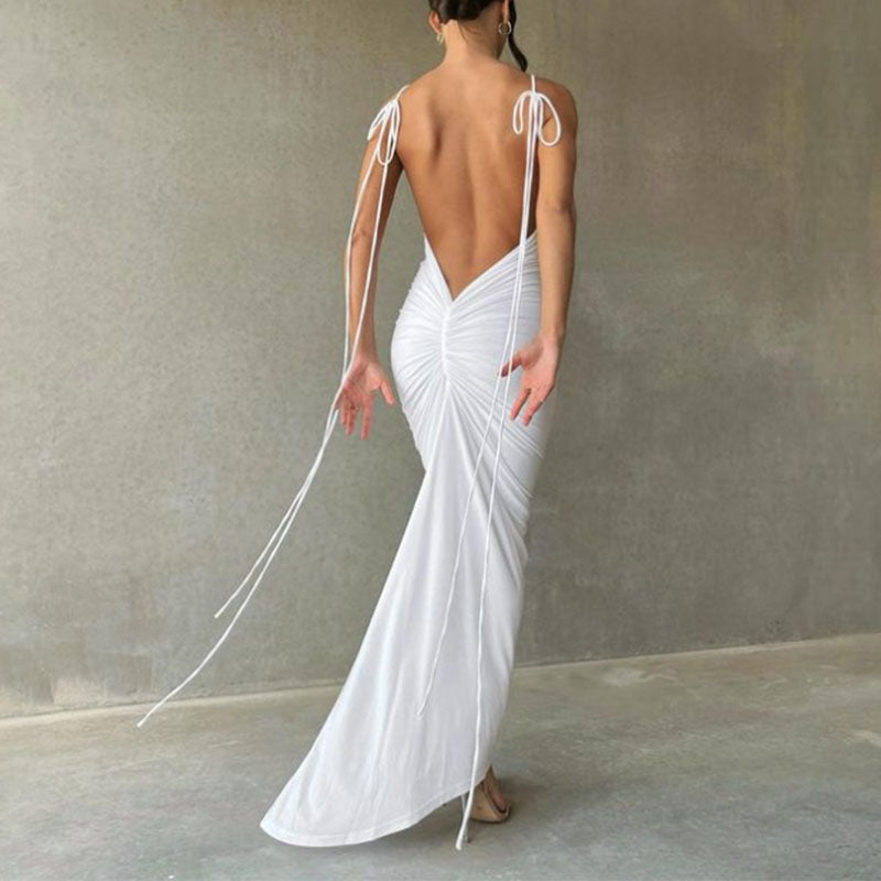 V Neck Lace-up Backless Maxi Dress