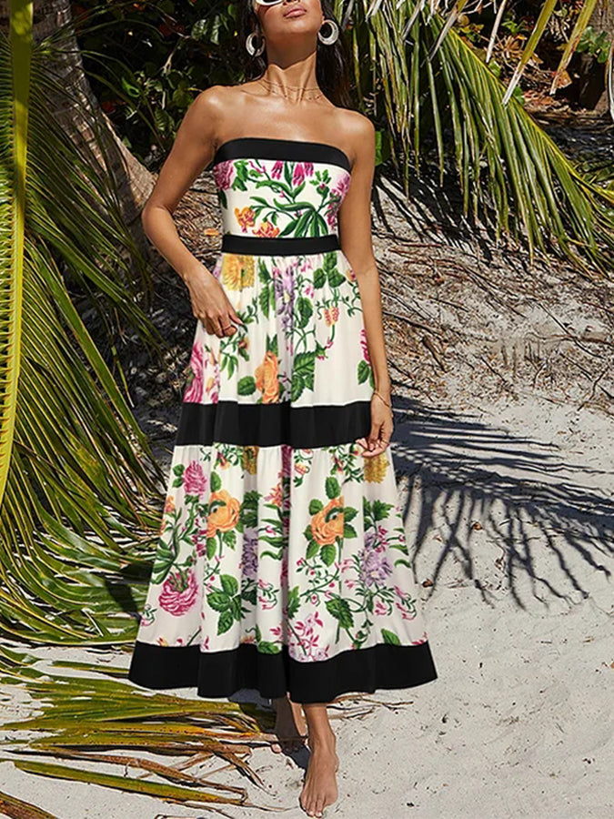 Printed Off Shoulder Color Block One Piece Swimsuit and Skirt