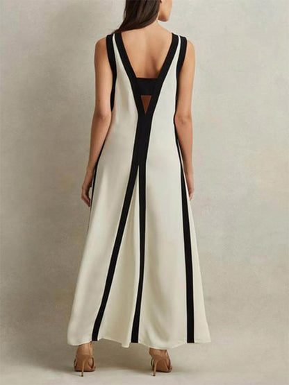 White-black Color-block V Neck Maxi Dress