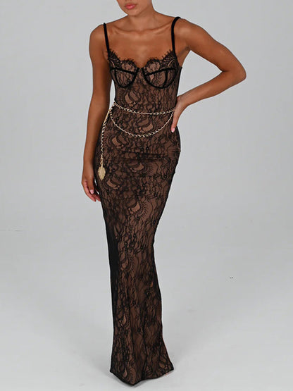 Lace Paneled Suspender Slim Maxi Dress With Belt
