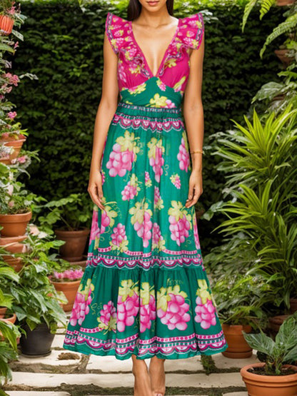 Ruffled Deep V Retro Green Grapes Print One Piece Swimsuit and Skirt