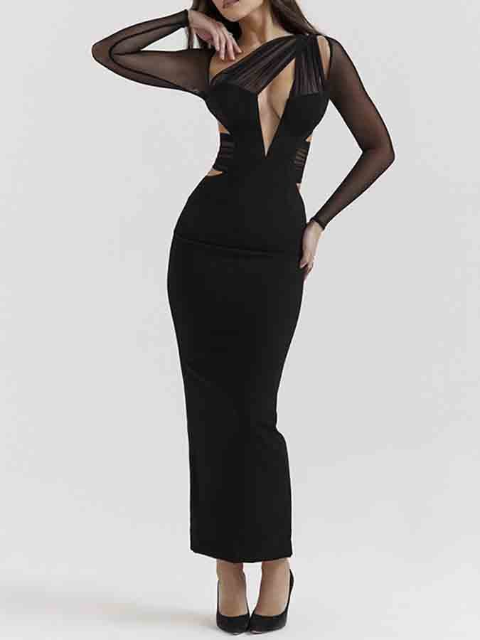 Long-sleeved Mesh Spliced v-neck Slim Long Dress