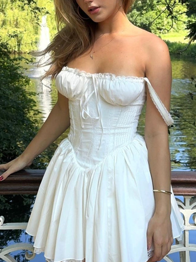 Resort Style French Lace-up Waist Pleated White Mini Dress