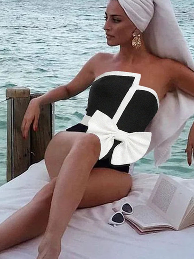 Off Shoulder Bow Tie One Piece Swimsuit and Skirt