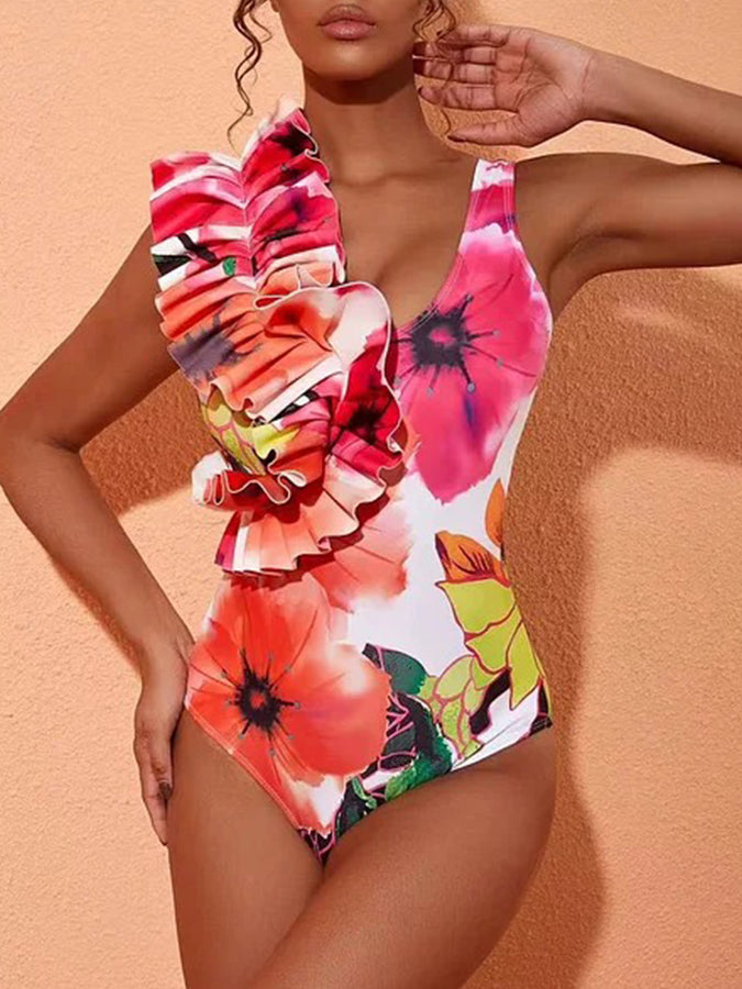 Ruffled Printed One Piece Swimsuit and Skirt