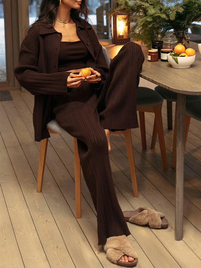 Knitted Buttoned Sweater and Pants Two Pieces Sets