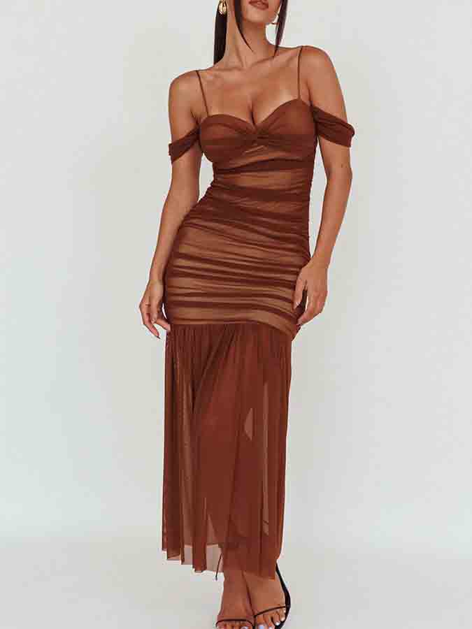 Cold-shoulder Mesh Mermaid Maxi Dress