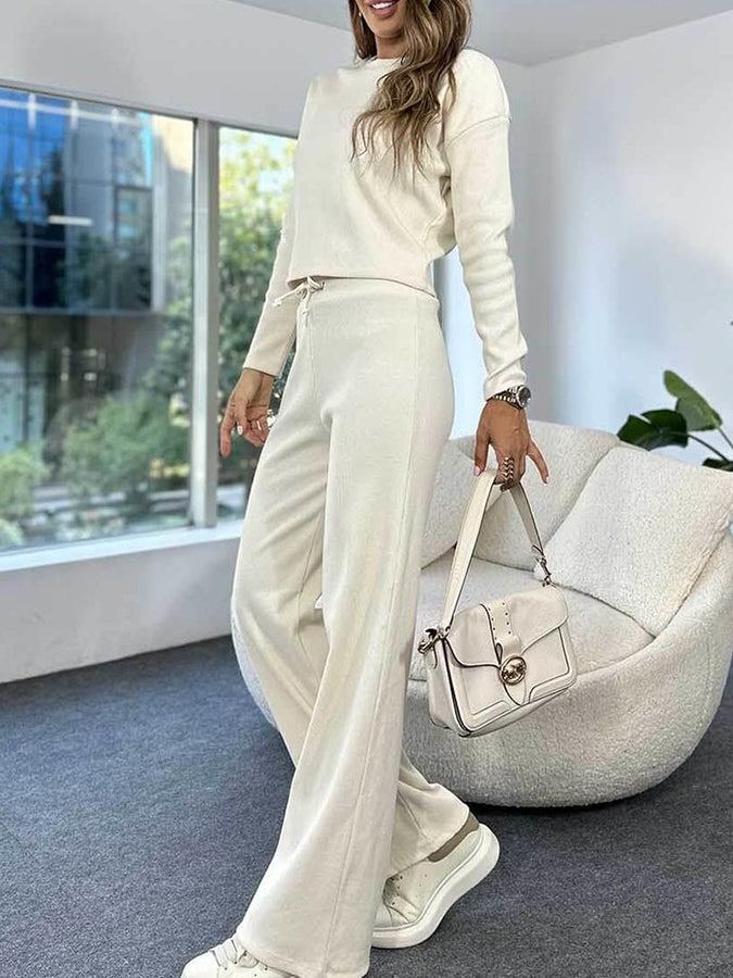 Round Neck Knitted Long Sleeved Top With Elastic Waist Pants Set