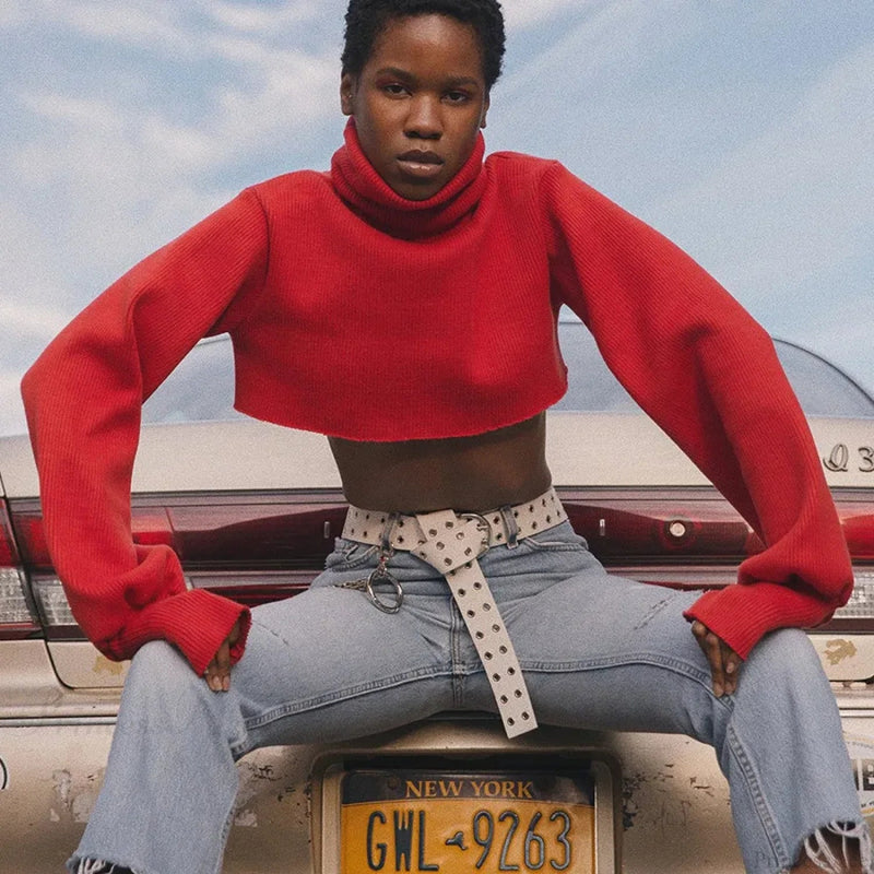 Loose Fashionable Turtleneck Long Sleeve Knit Crop Christmas Sweater
