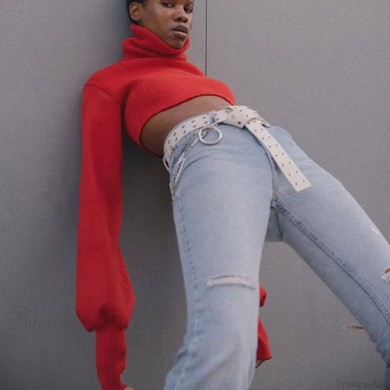 Loose Fashionable Turtleneck Long Sleeve Knit Crop Christmas Sweater