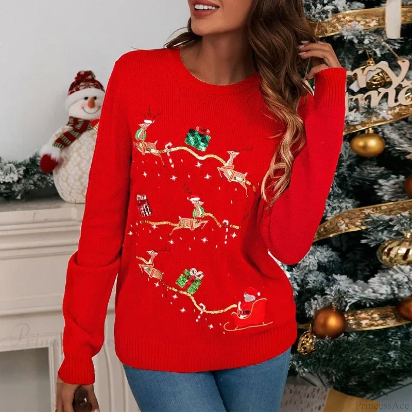 Funny Cartoon Elk Bear Sequins Party Long Sleeve Christmas Sweater
