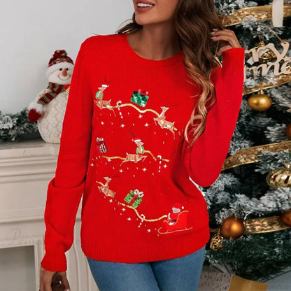 Funny Cartoon Elk Bear Sequins Party Long Sleeve Christmas Sweater