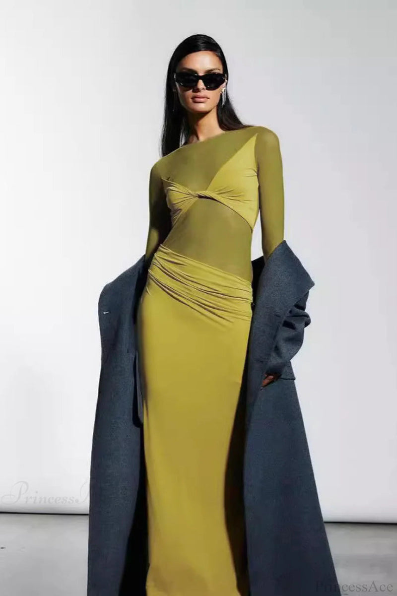 Tulle Panel Sheer Long Sleeve Maxi Dress