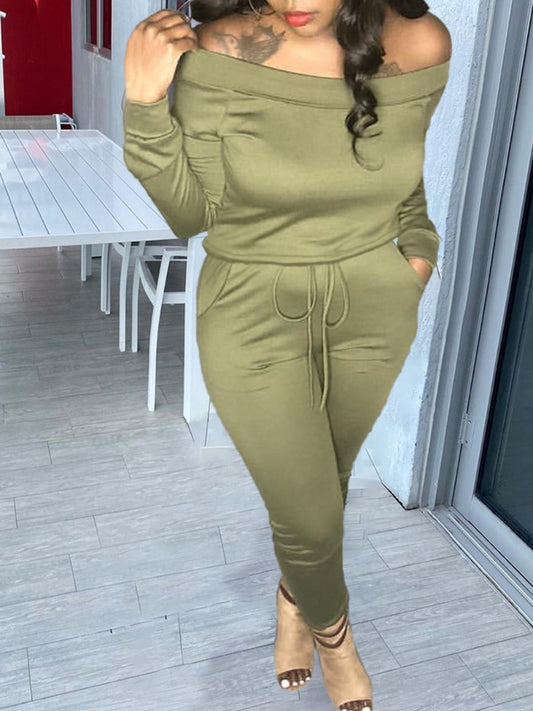 Drawstring Pocket Design Color Skinny Two-piece Pants Set At9031