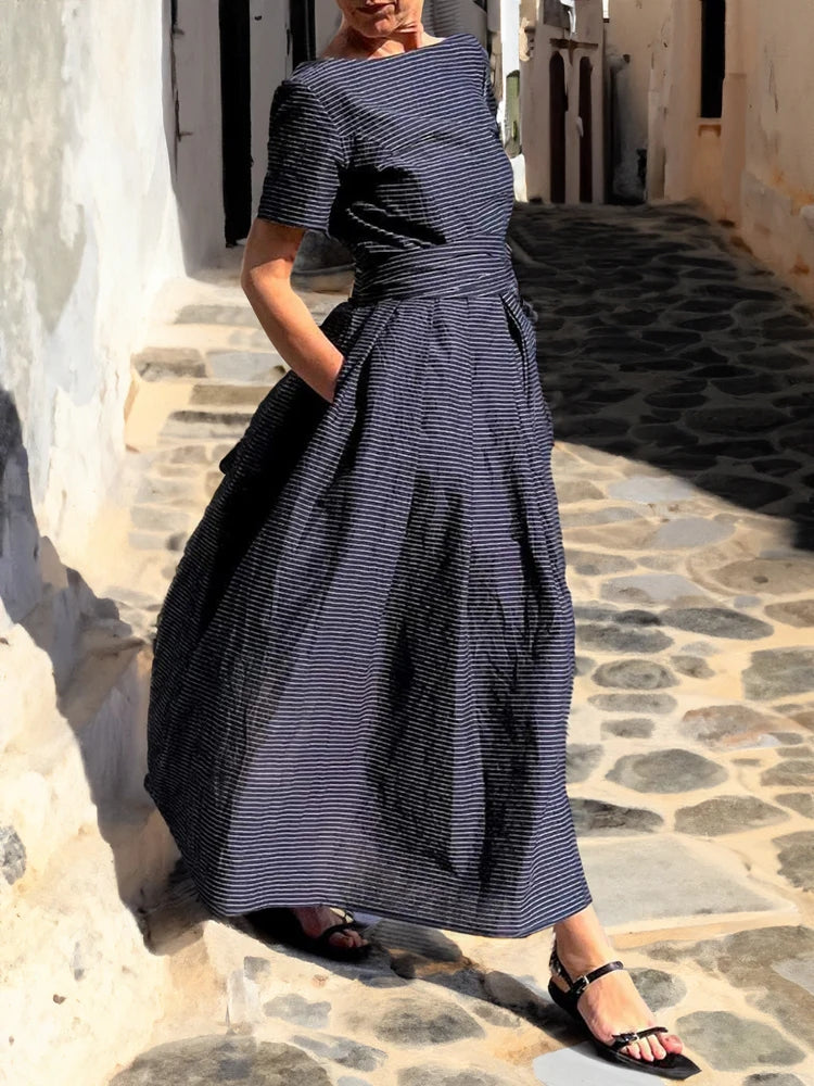 Stripes Short Sleeves Pockets Maxi Dress