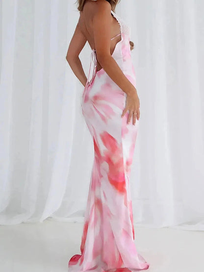 Halterneck Tie-dye Backless Lace Maxi Dress