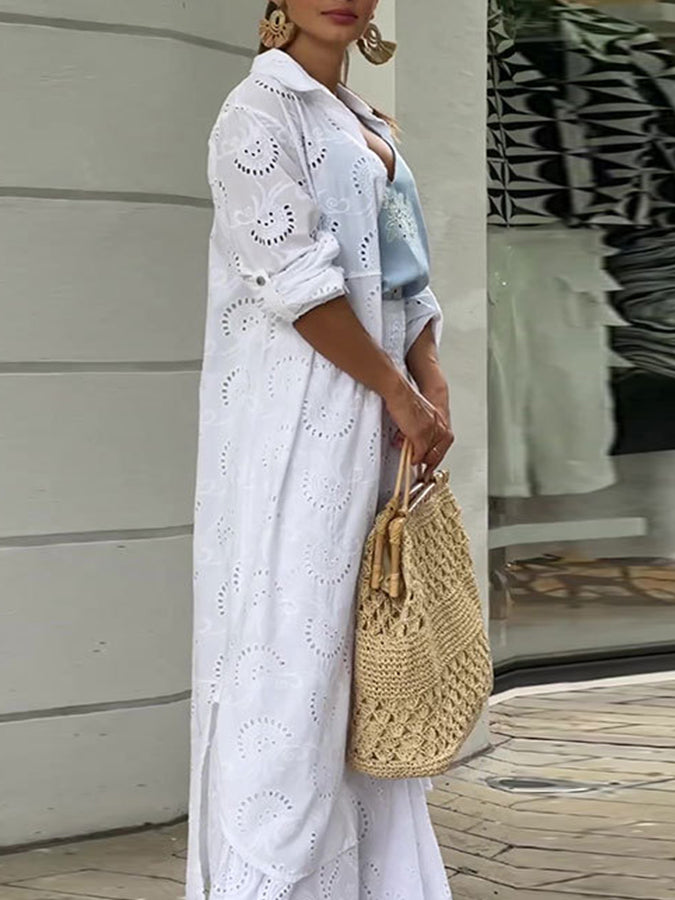 White Long Sleeves Hollow Out Shirt Maxi Dress