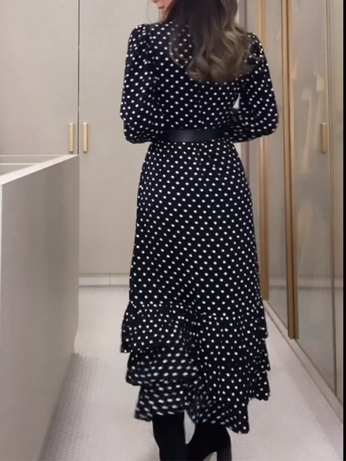 Black Polka Dots Printed Long Sleeves Cake Maxi Dress