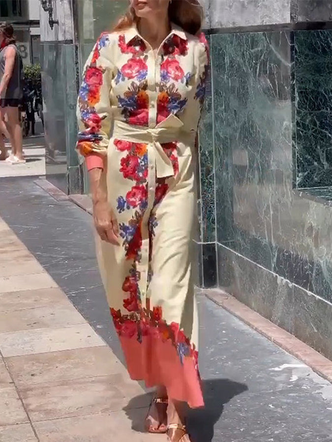 New Long Sleeves Shirt Collar Printed Lace -up Maxi Dress
