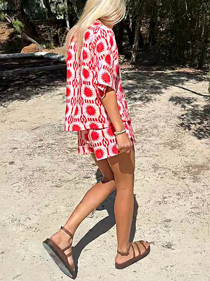 Linen Blend Sun World Printed Shirt and Elastic Waist Pocketed Shorts Set