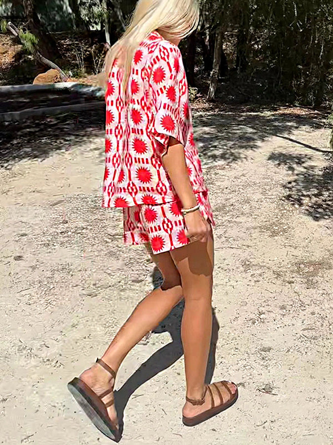 Linen Blend Sun World Printed Shirt and Elastic Waist Pocketed Shorts Set